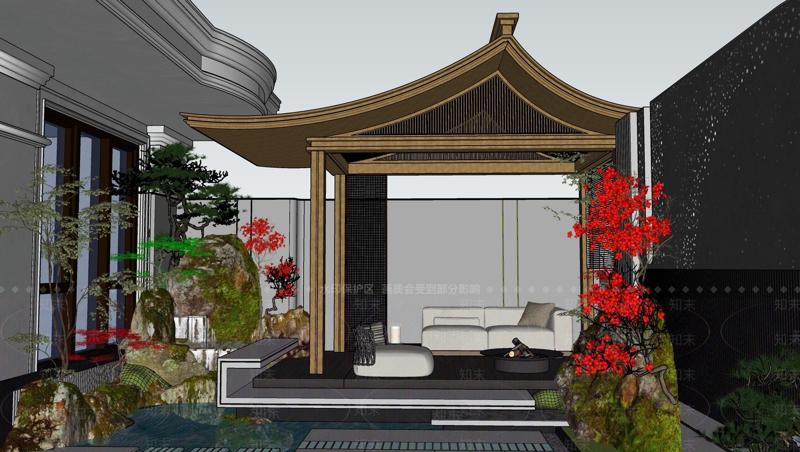 新中式复古屋顶花园SU模型下载【ID:1203700747】