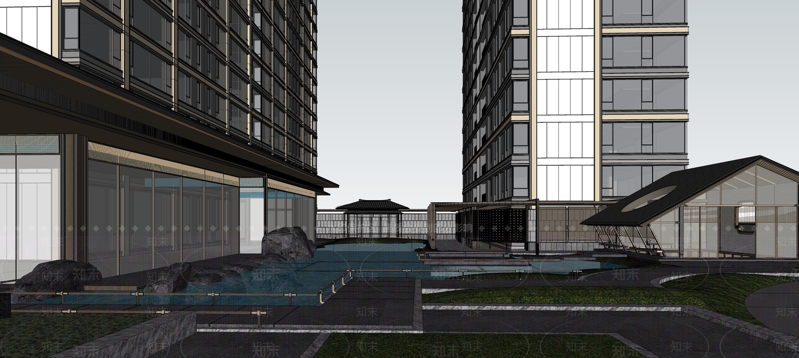 现代新中式小区建筑SU模型下载【ID:1203726235】