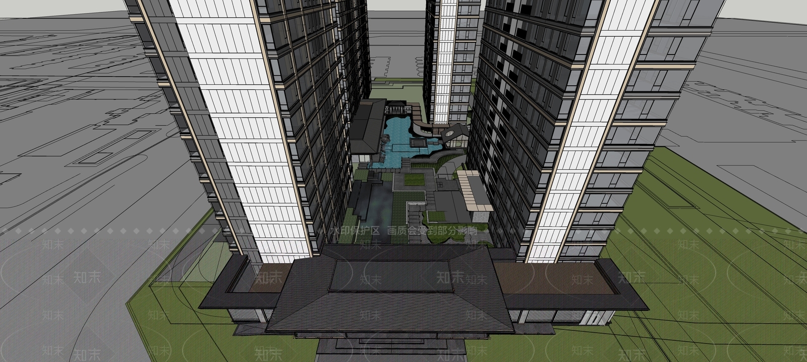 现代新中式小区建筑SU模型下载【ID:1203726235】