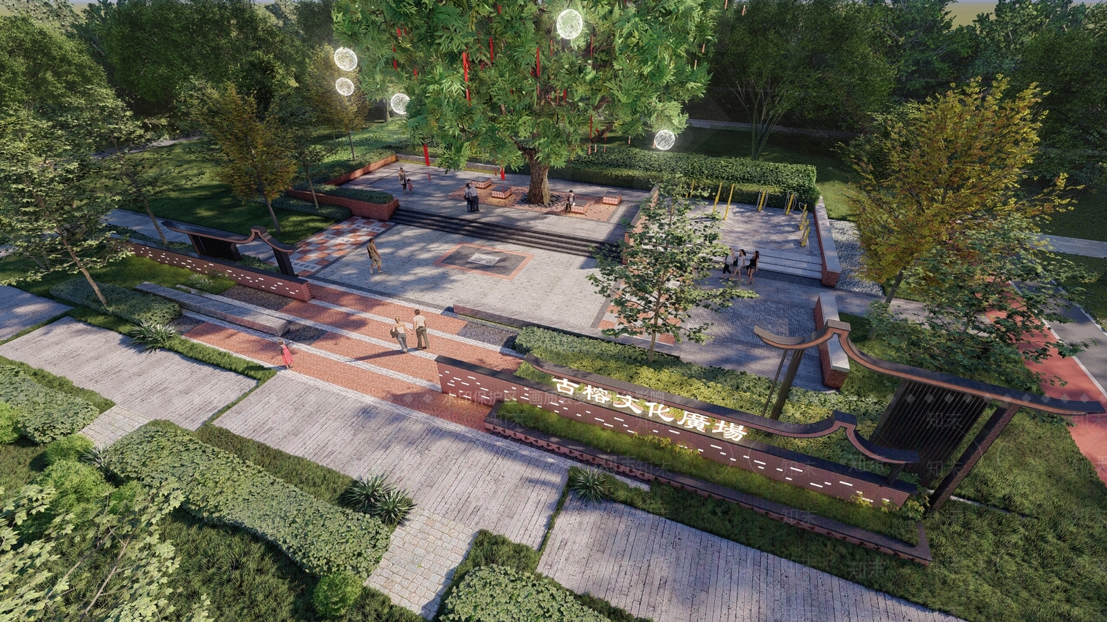 现代新中式广场景观SU模型下载【ID:1203773308】