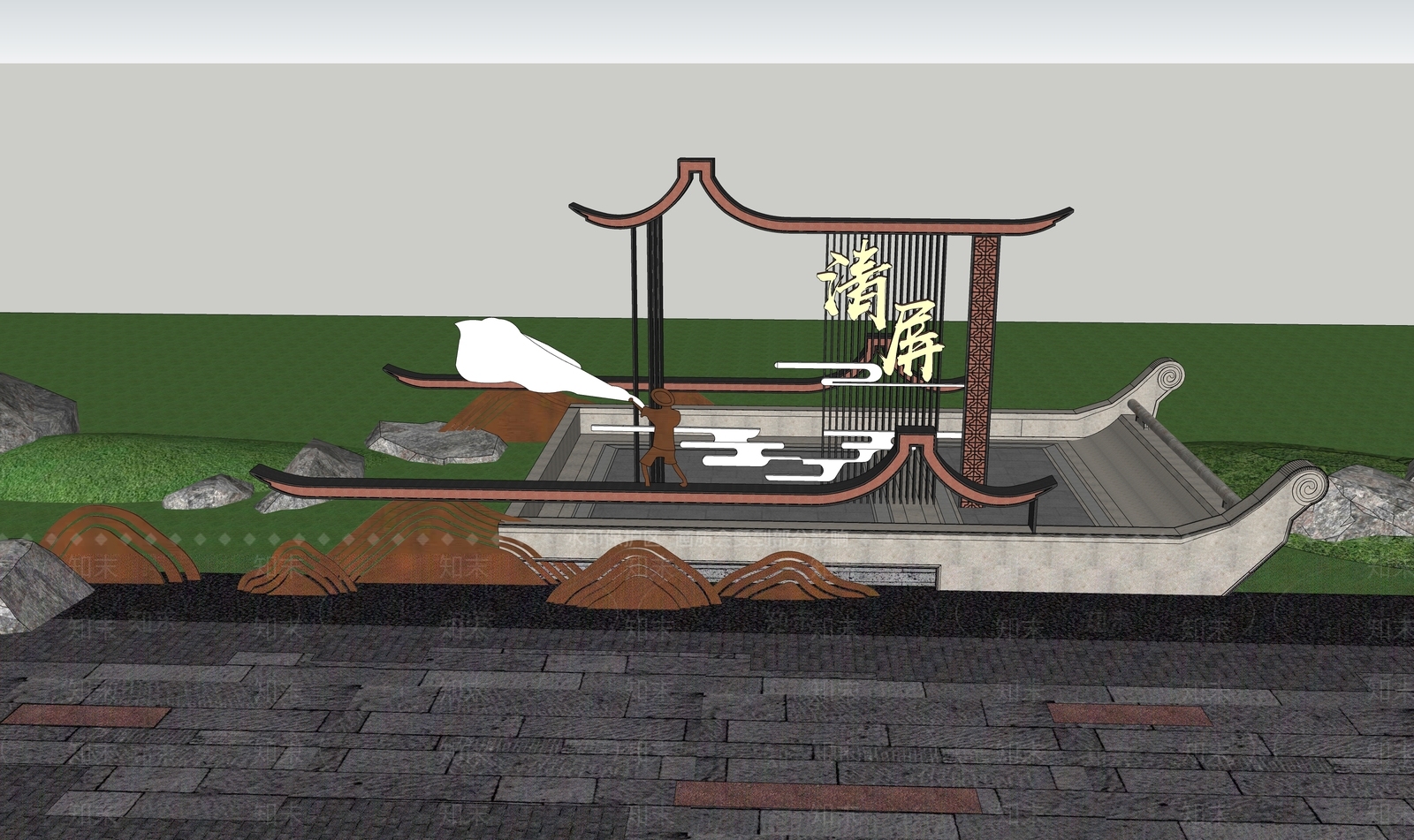 现代新中式景墙SU模型下载【ID:1203793300】