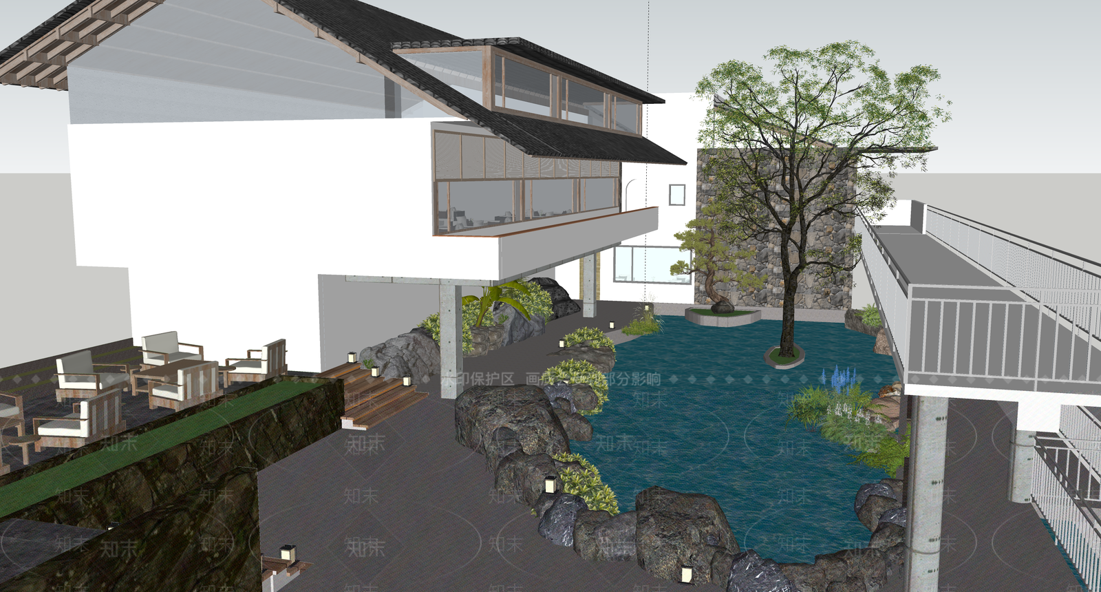新中式原木民宿建筑SU模型下载【ID:1203942164】