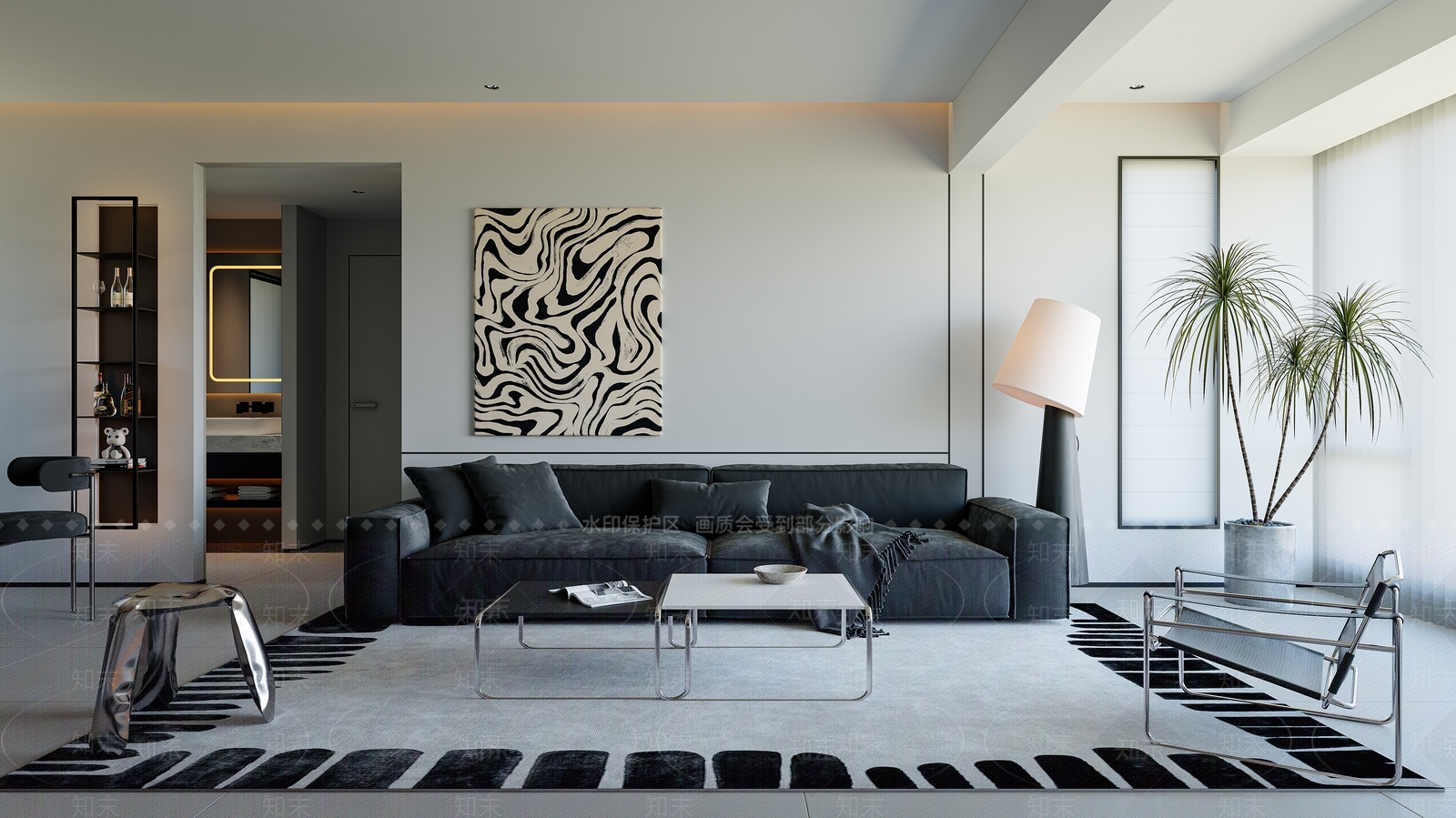 现代极简黑白灰客厅3D模型下载【ID:1203884424】