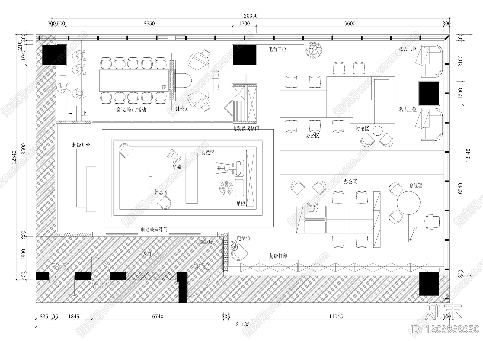 现代开放办公室cad施工图下载【ID:1203888950】