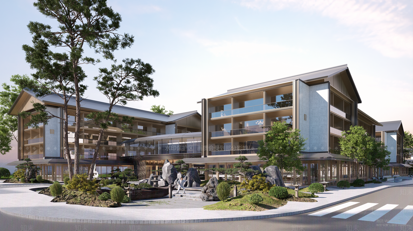 现代新中式酒店建筑SU模型下载【ID:1203958117】