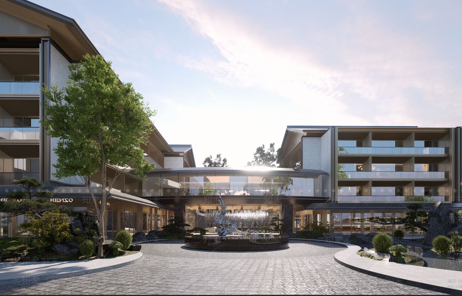 现代新中式酒店建筑SU模型下载【ID:1203958117】