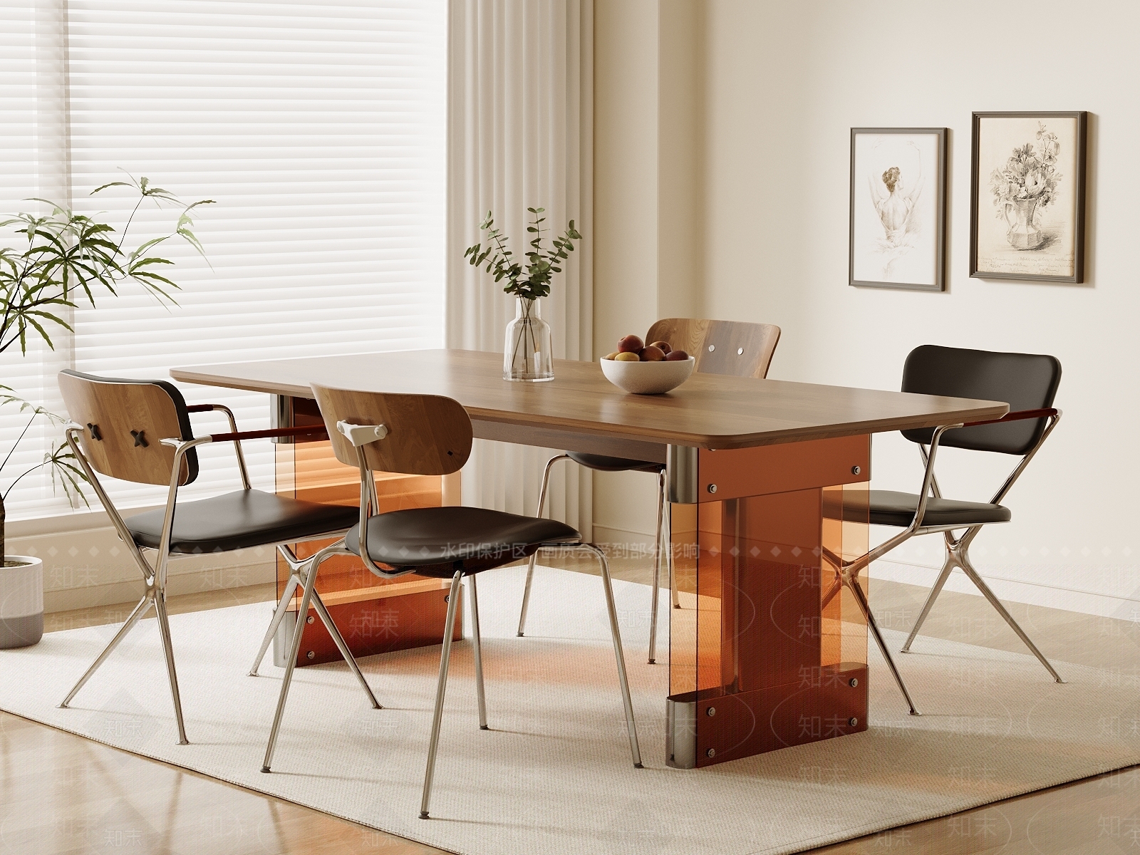 现代中古餐桌椅SU模型下载【ID:1203917328】