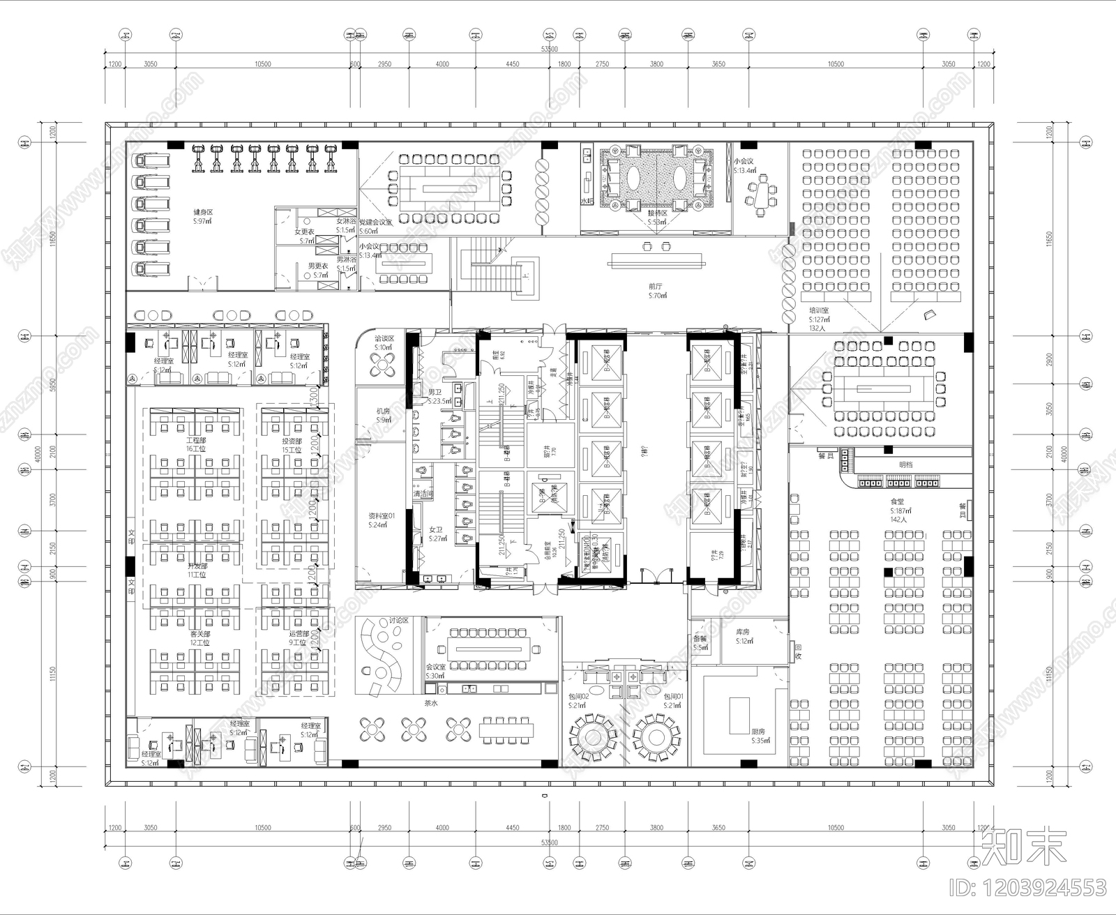 现代开放办公室cad施工图下载【ID:1203924553】