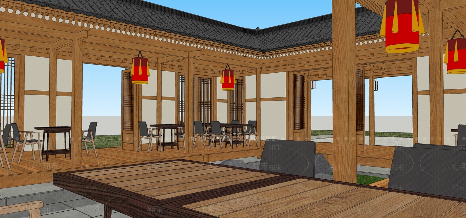 中式原木古建筑SU模型下载【ID:1203941321】