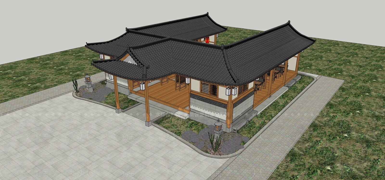 中式原木古建筑SU模型下载【ID:1203941321】