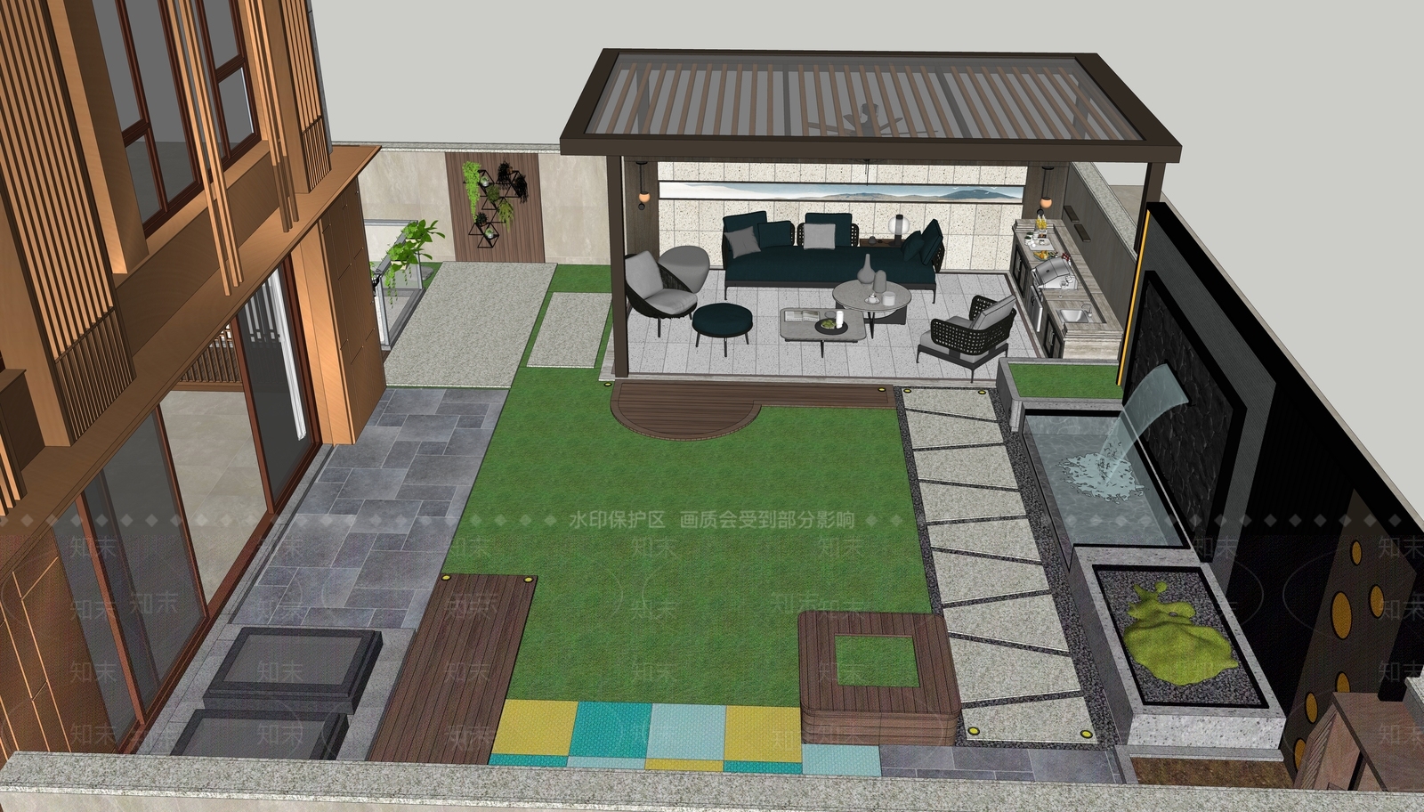 现代极简别墅庭院SU模型下载【ID:1203943376】