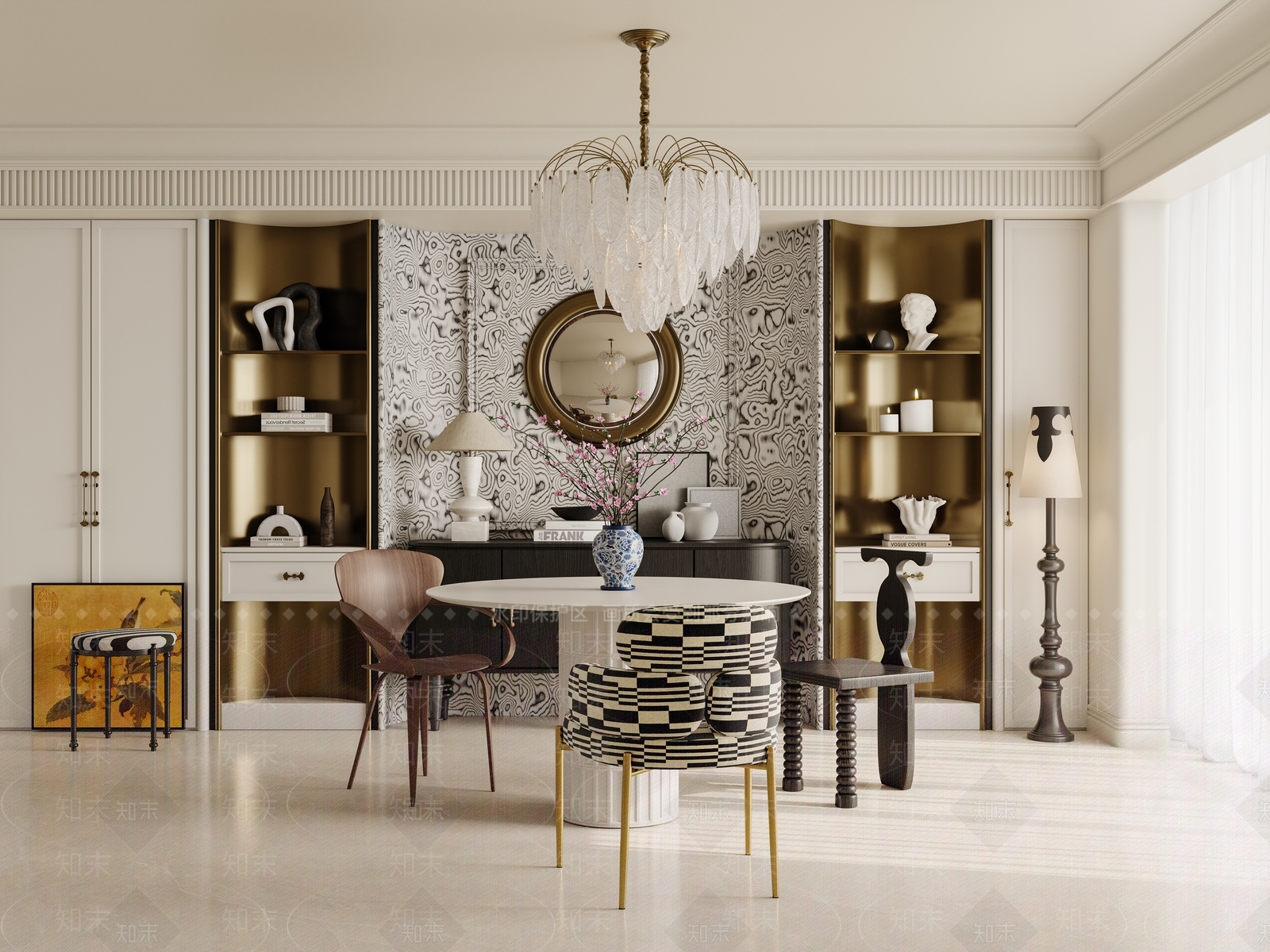 轻奢法式圆桌餐厅3D模型下载【ID:1203954186】