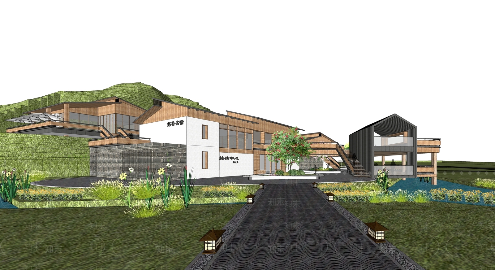 新中式简约民宿建筑SU模型下载【ID:1203968973】