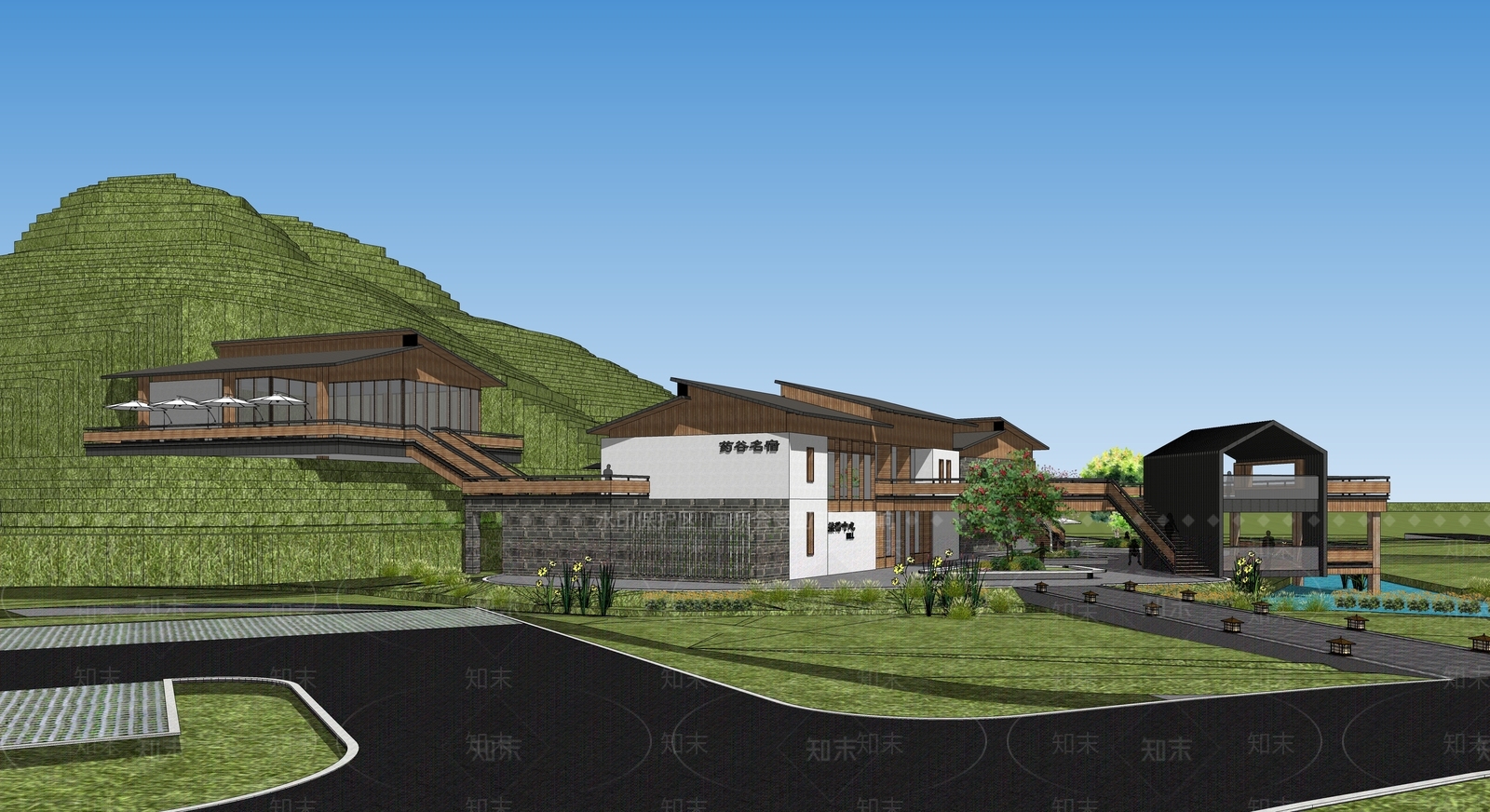 新中式简约民宿建筑SU模型下载【ID:1203968973】