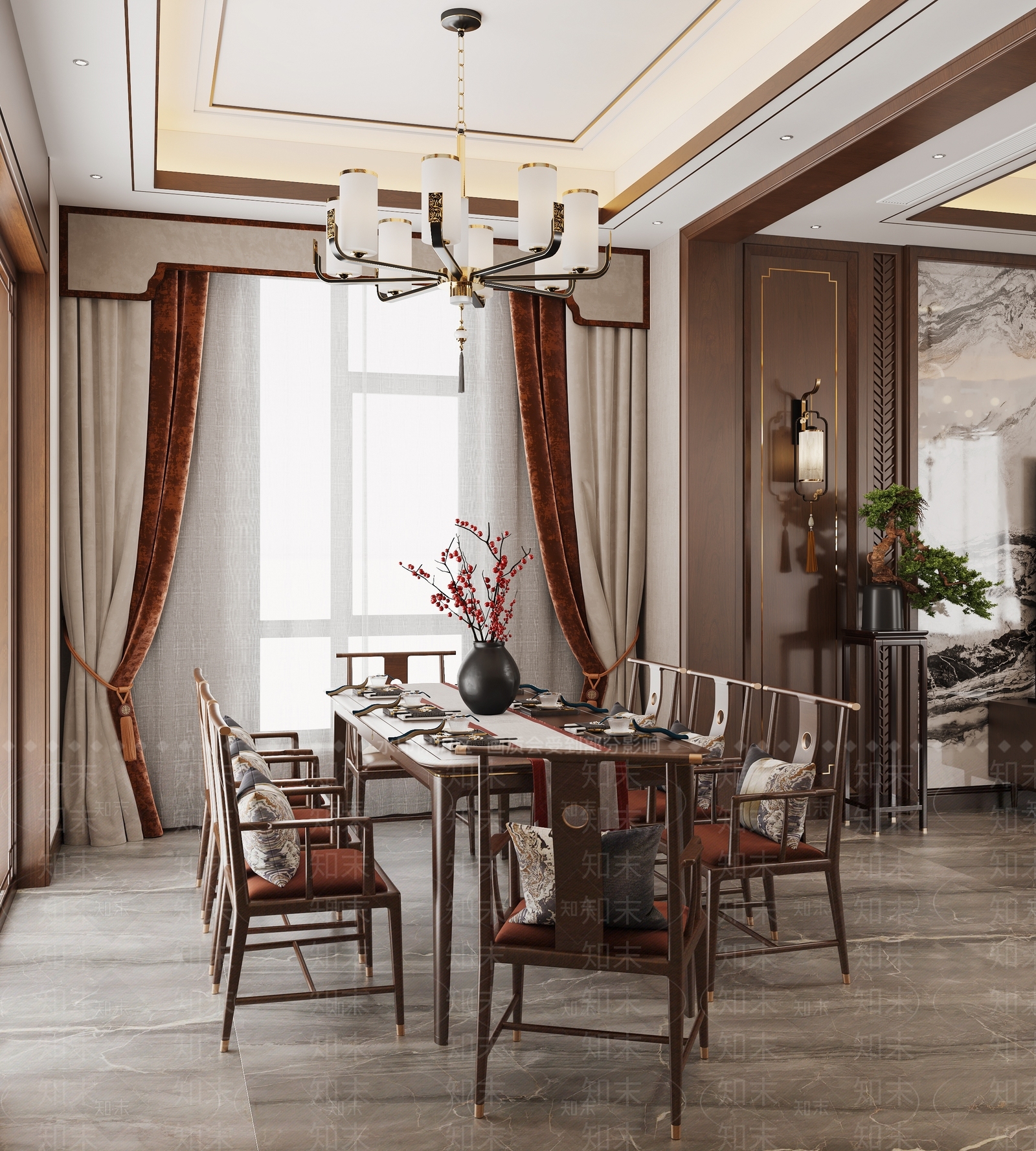 新中式中式别墅餐厅3D模型下载【ID:1203996821】