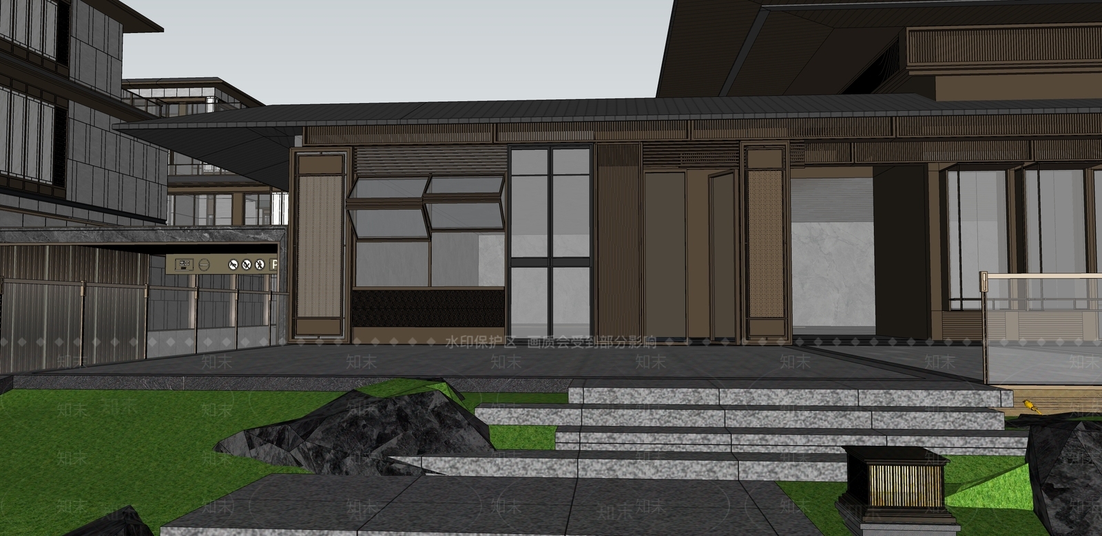 新中式中式售楼处建筑SU模型下载【ID:1204004024】