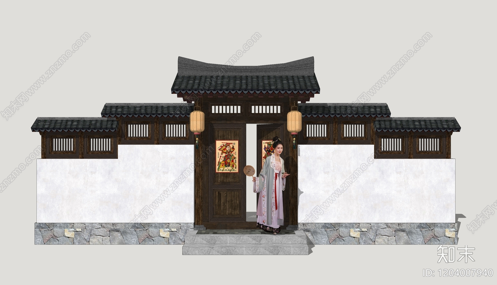 中式入口大门SU模型下载【ID:1204007940】