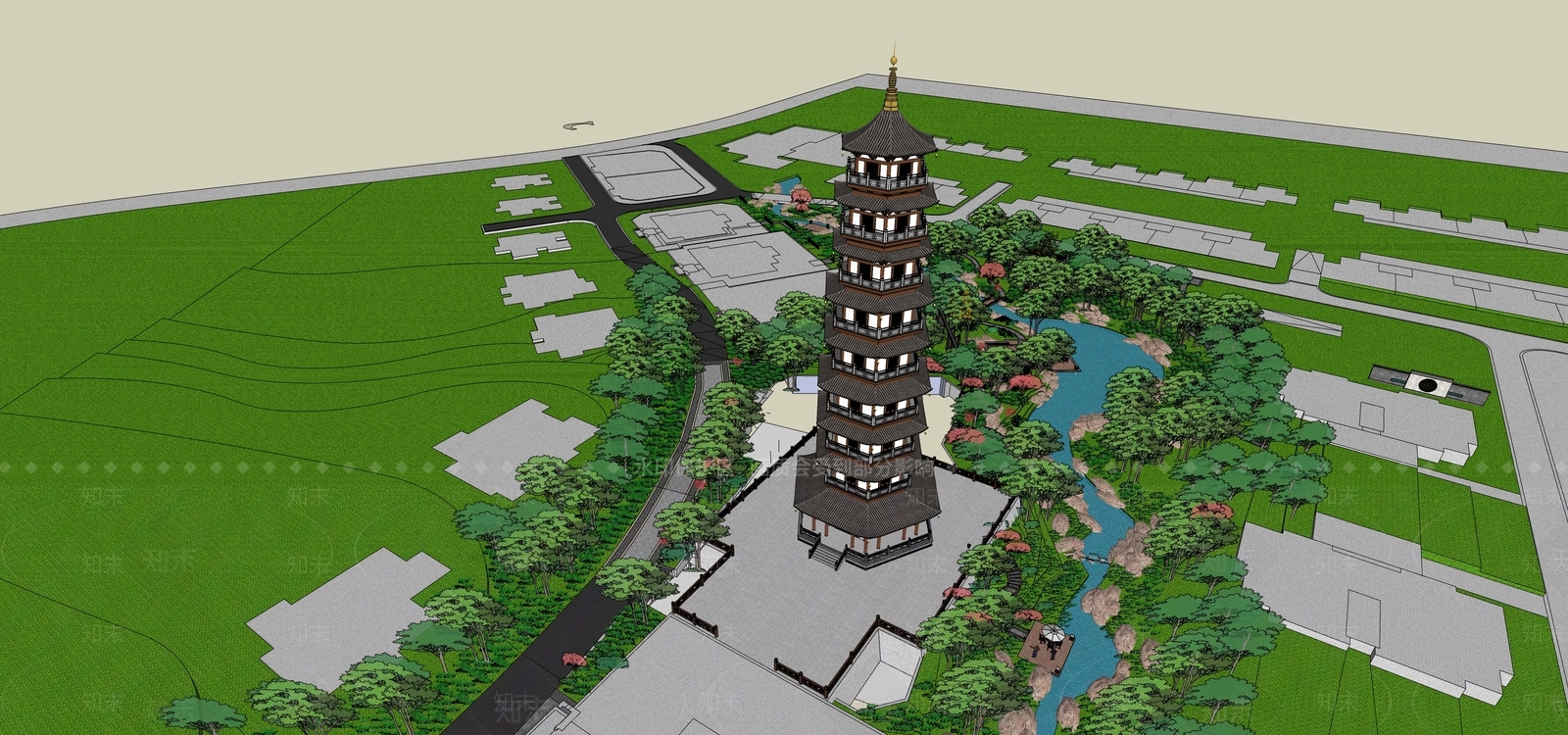 中式新中式古建筑SU模型下载【ID:1204030201】