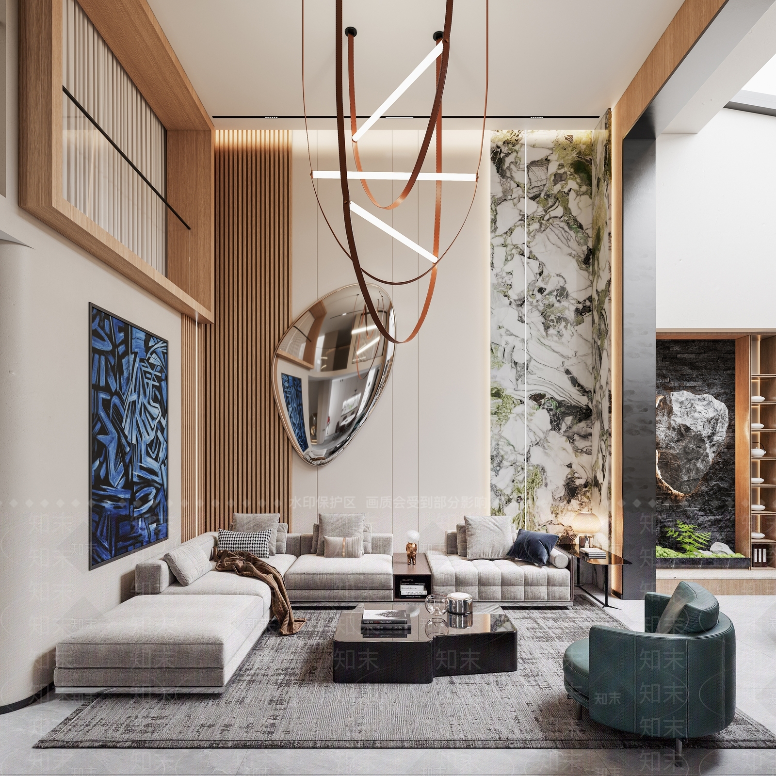 现代新中式别墅客餐厅3D模型下载【ID:1204033953】