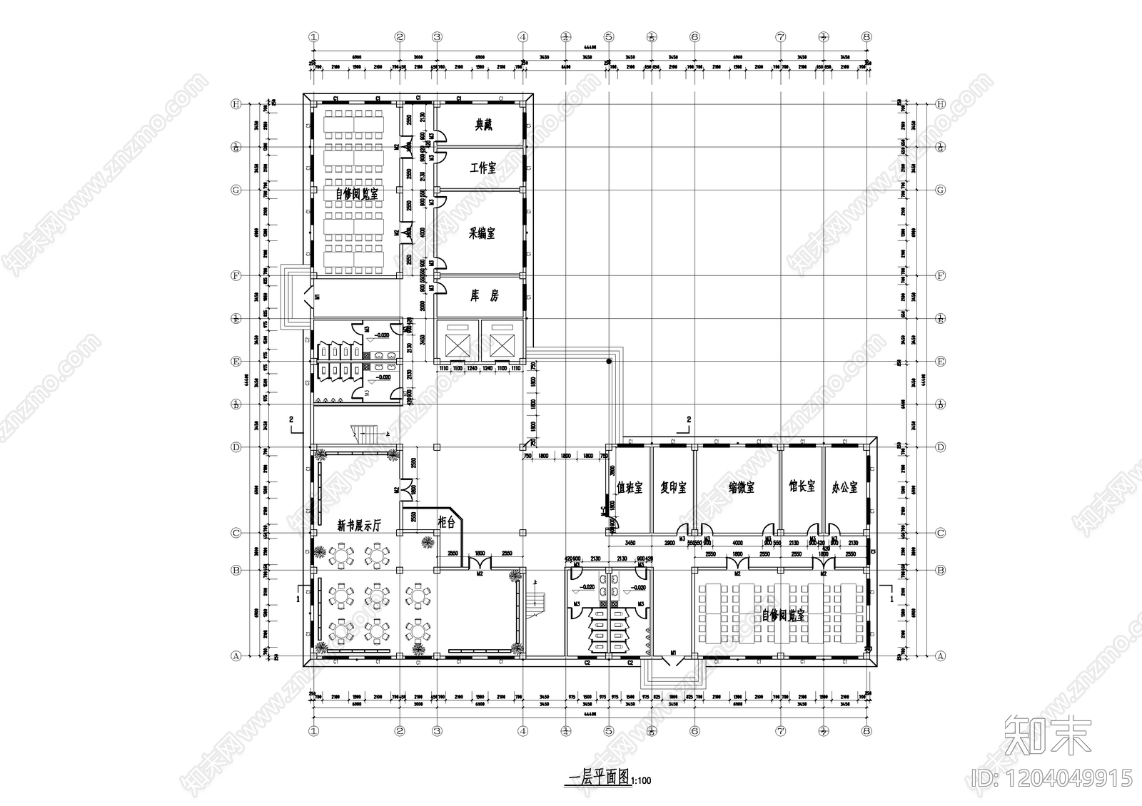 现代图书馆cad施工图下载【ID:1204049915】