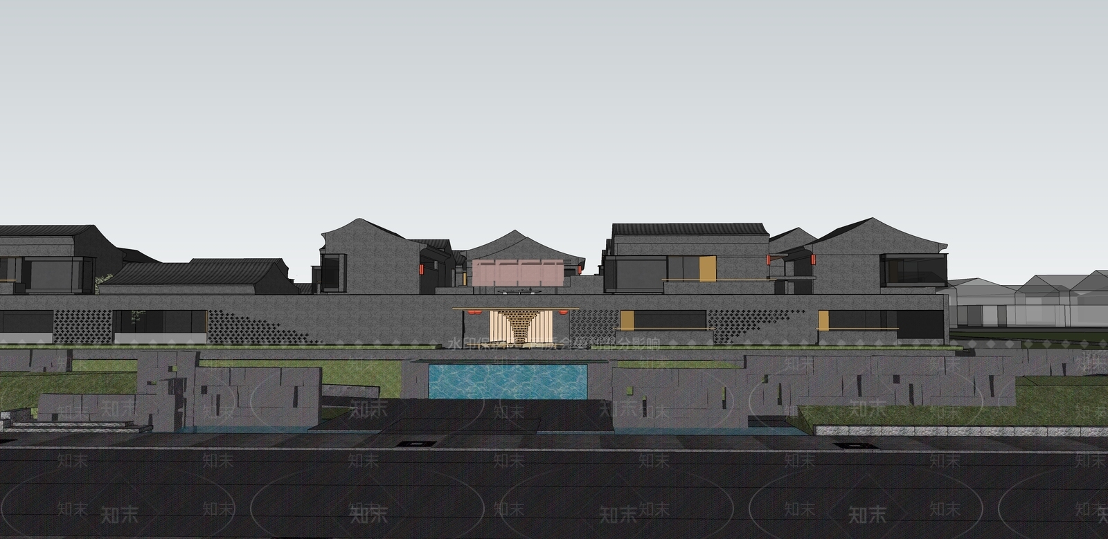新中式中式酒店建筑SU模型下载【ID:1204044128】