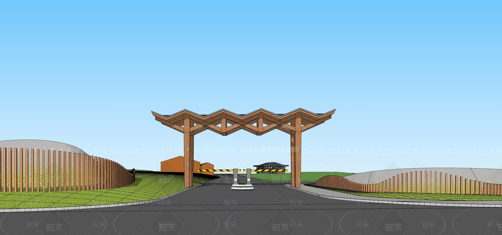 新中式原木入口大门SU模型下载【ID:1204048666】