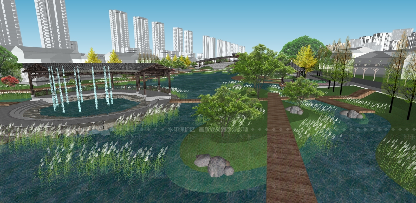 新中式现代滨水景观SU模型下载【ID:1204058765】