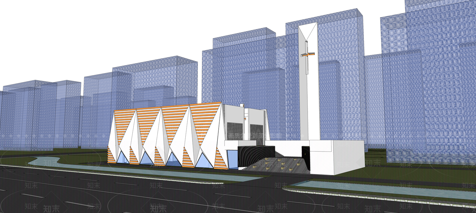现代教堂建筑SU模型下载【ID:1204142852】