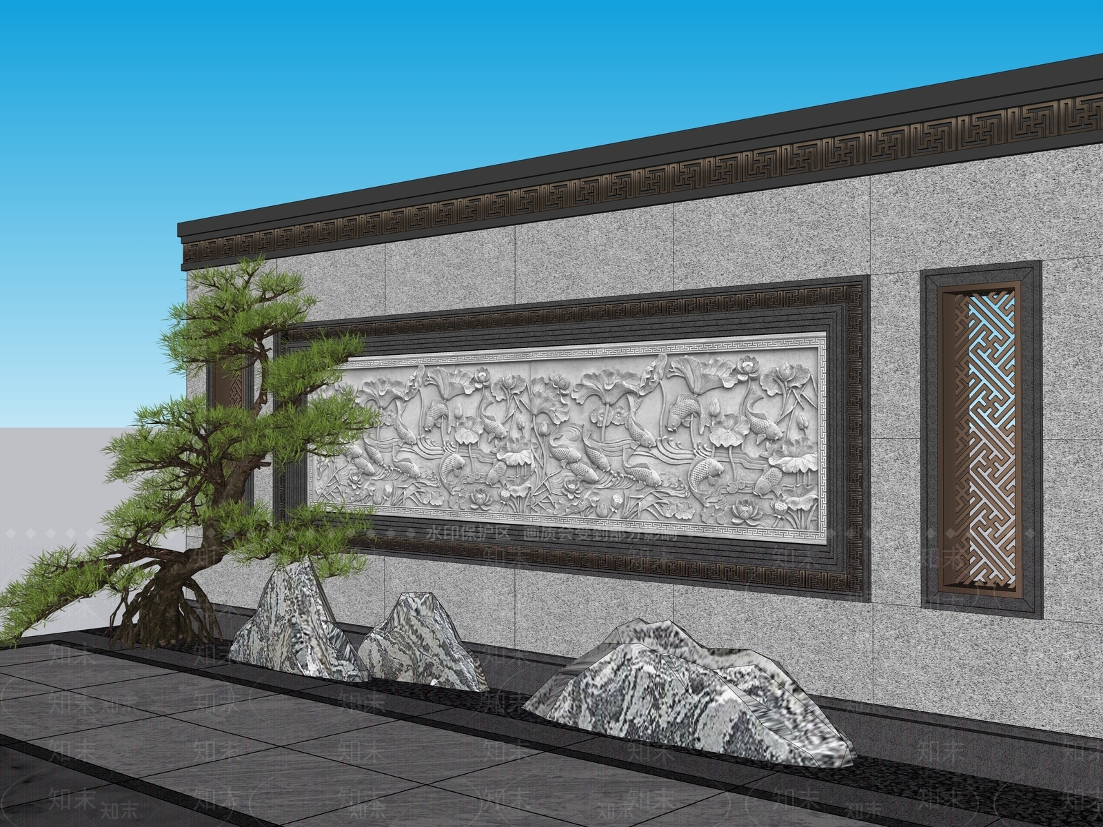 新中式中式景墙SU模型下载【ID:1204093212】