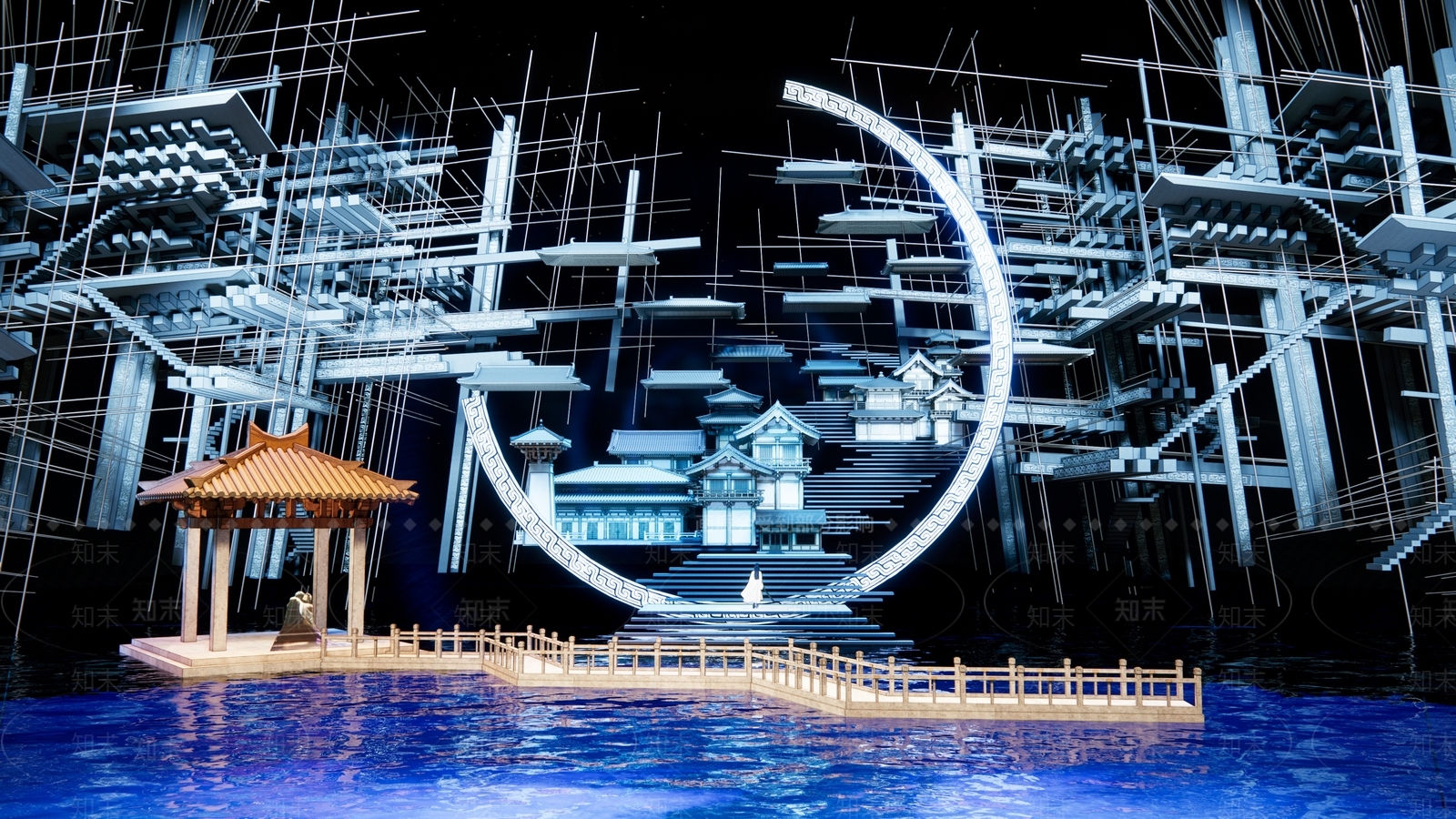 中式复古悬挂舞台SU模型下载【ID:1204097124】