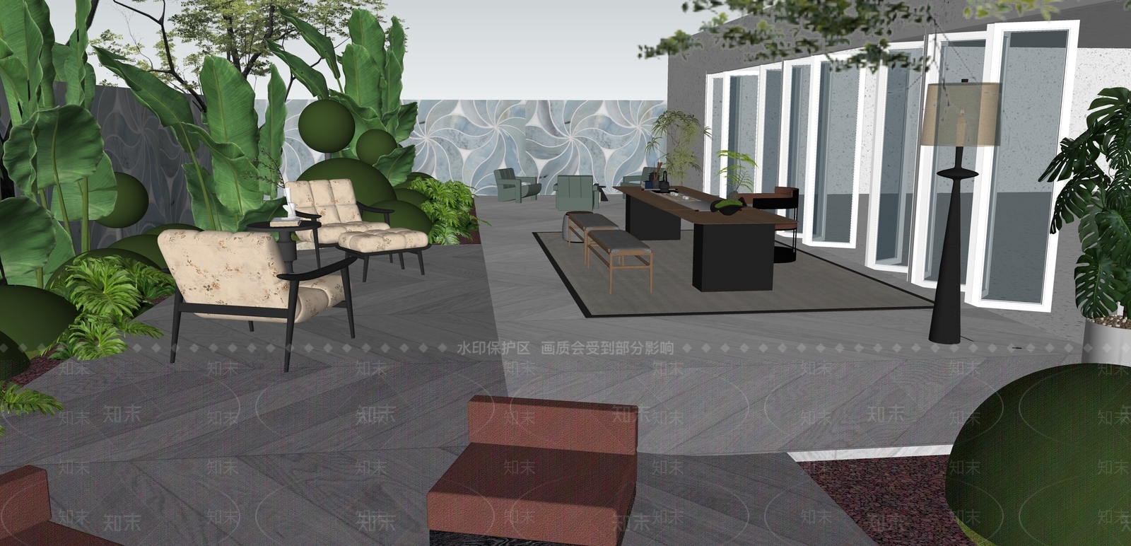现代奶油别墅庭院SU模型下载【ID:1204100927】