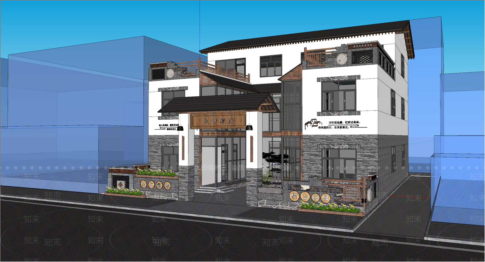 现代新中式风格建筑SU模型下载【ID:1204101540】