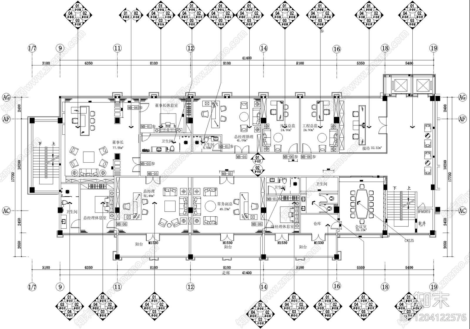 现代新中式整体办公空间cad施工图下载【ID:1204122576】