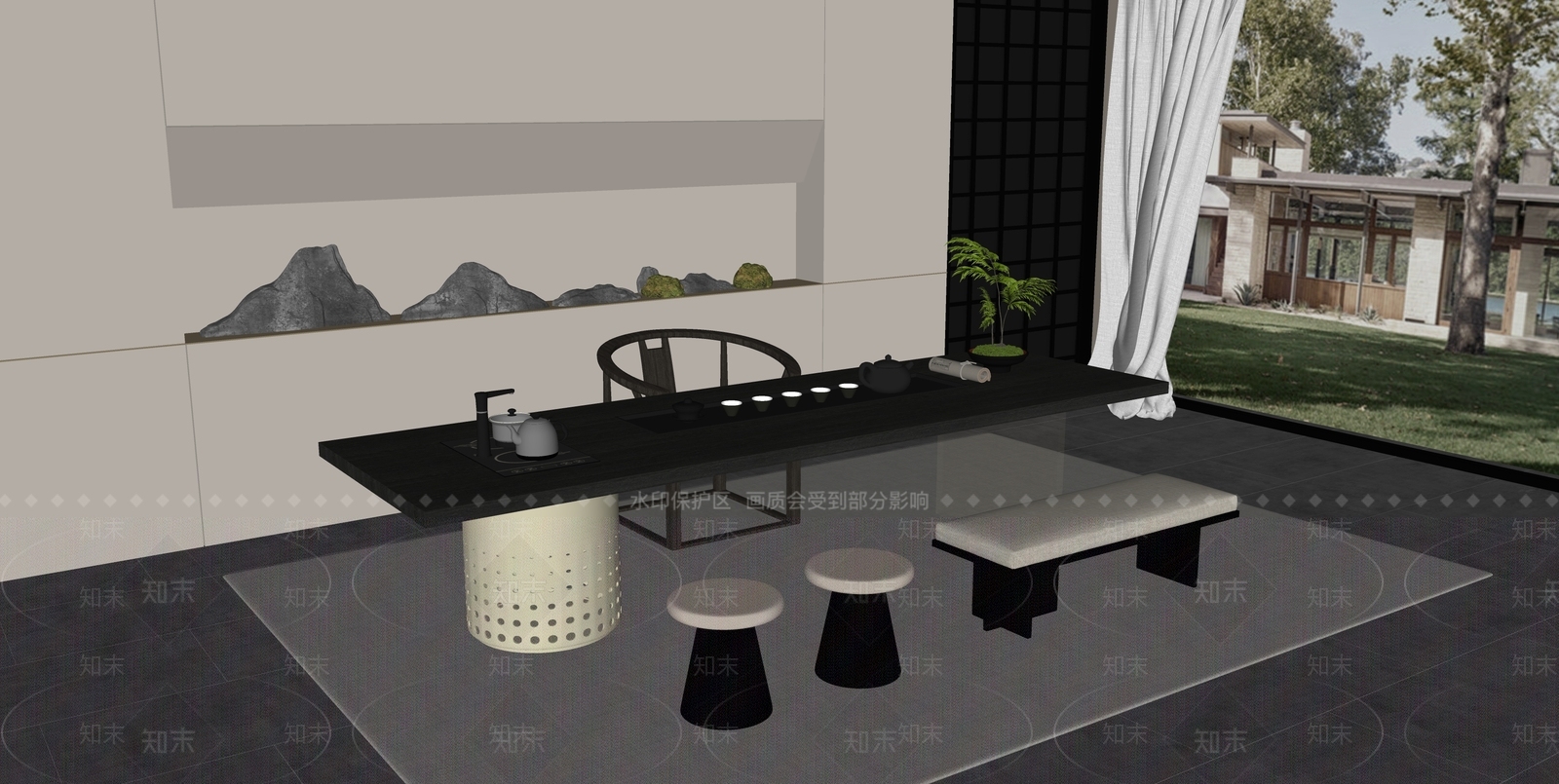 现代新中式茶桌椅SU模型下载【ID:1204124825】