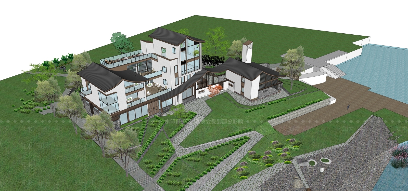新中式现代民宿建筑SU模型下载【ID:1204135705】