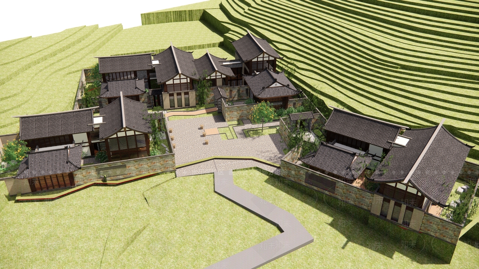 现代新中式四合院SU模型下载【ID:1204136484】