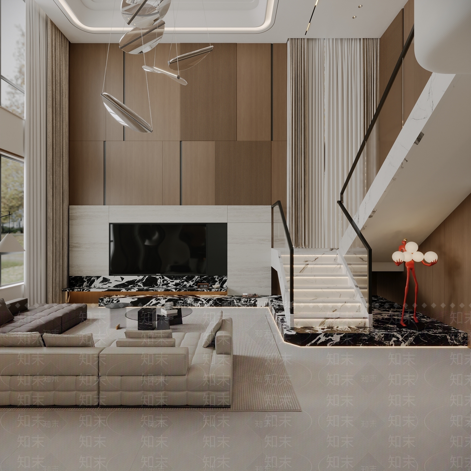 现代原木别墅客厅3D模型下载【ID:1204143247】