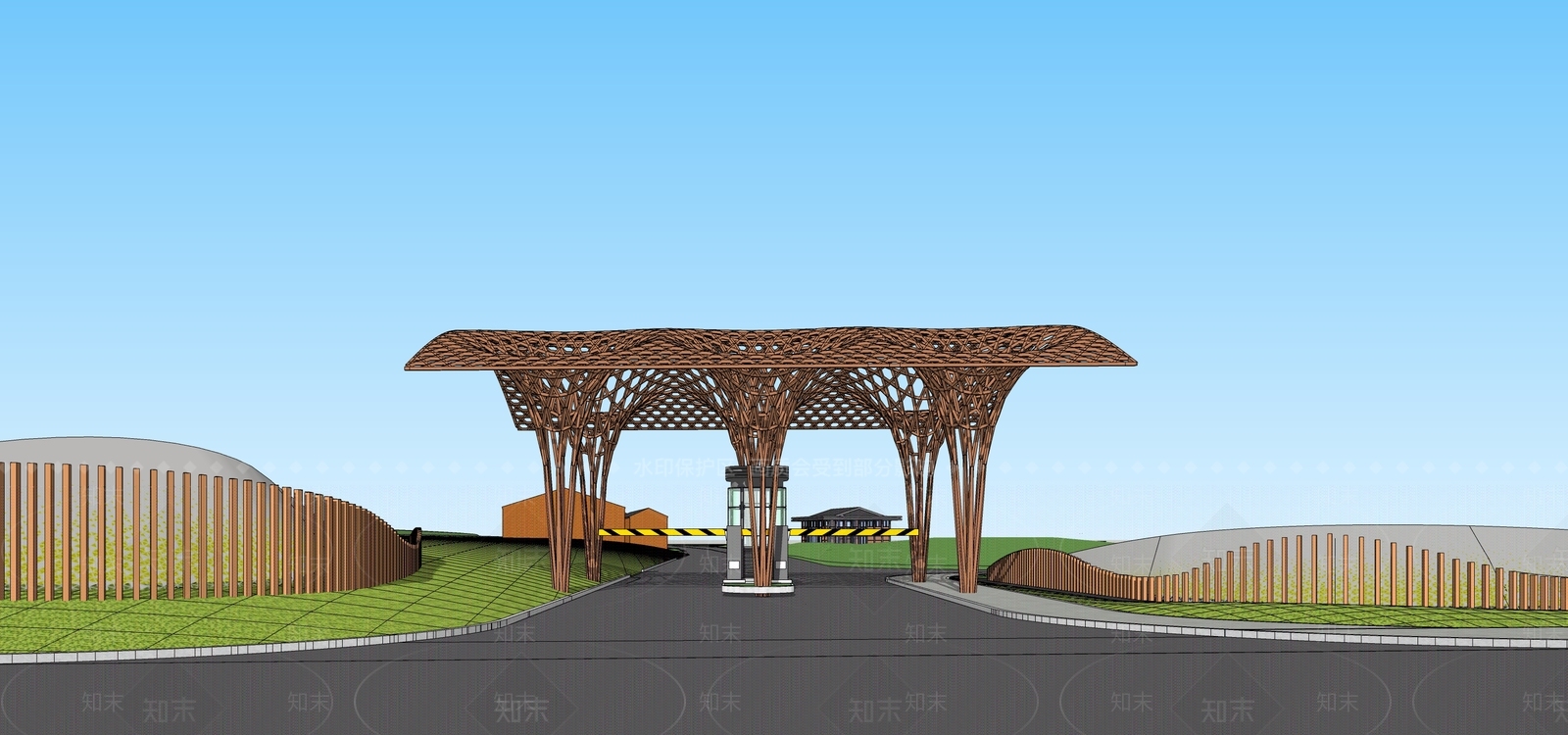 现代原木入口大门SU模型下载【ID:1204183441】