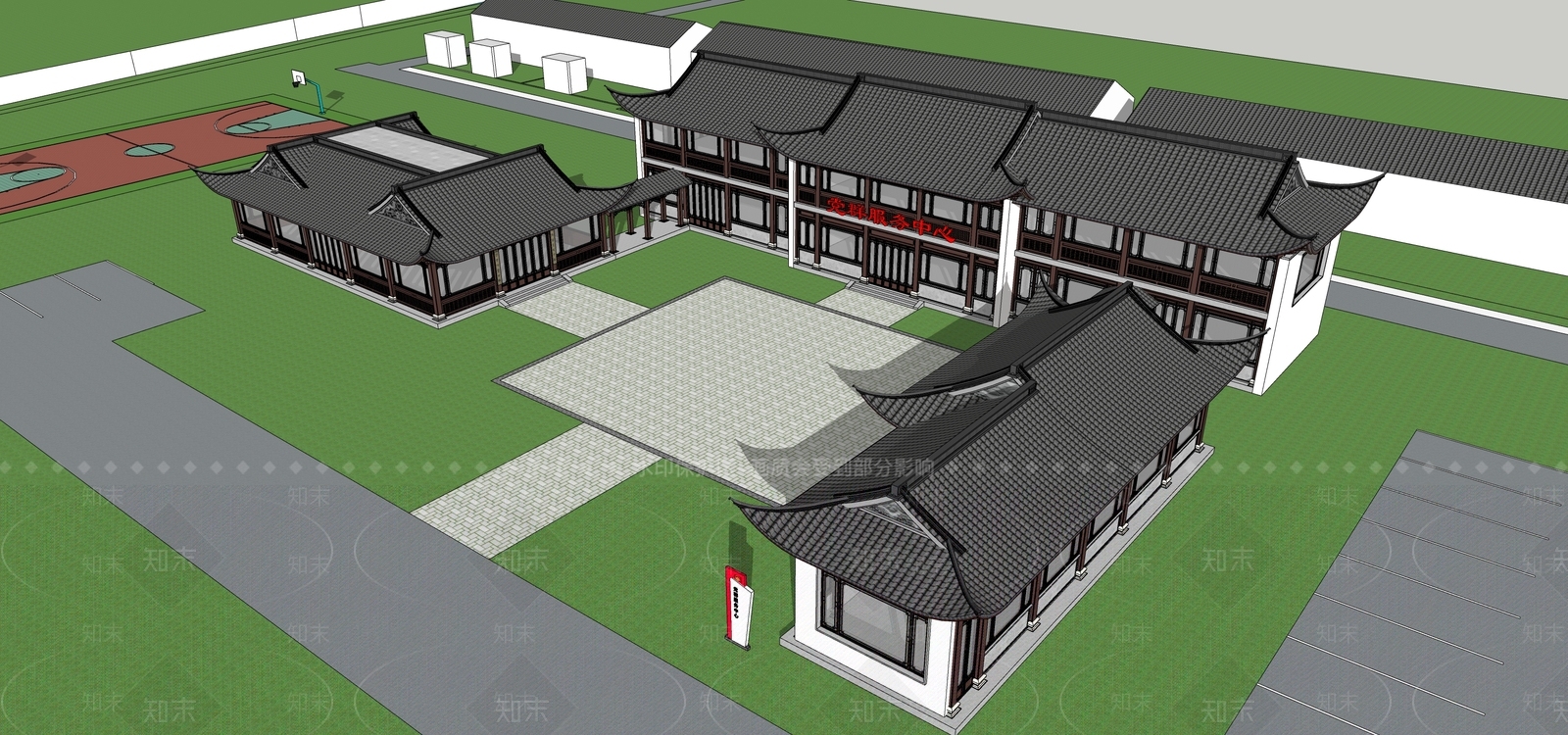 新中式中式古建筑SU模型下载【ID:1204184241】