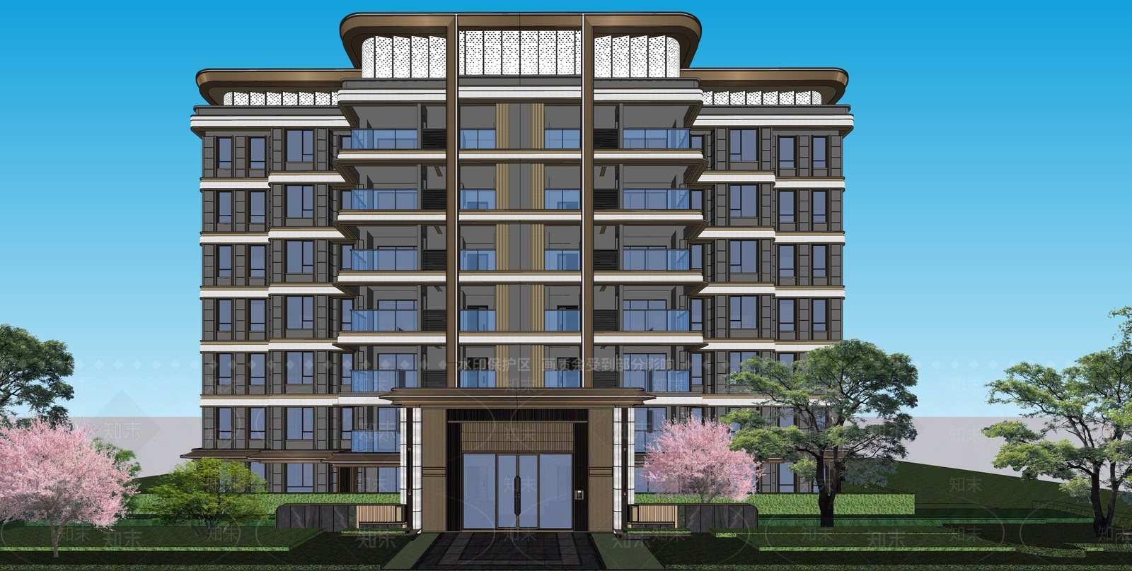 现代轻奢小高层住宅楼SU模型下载【ID:1204203448】