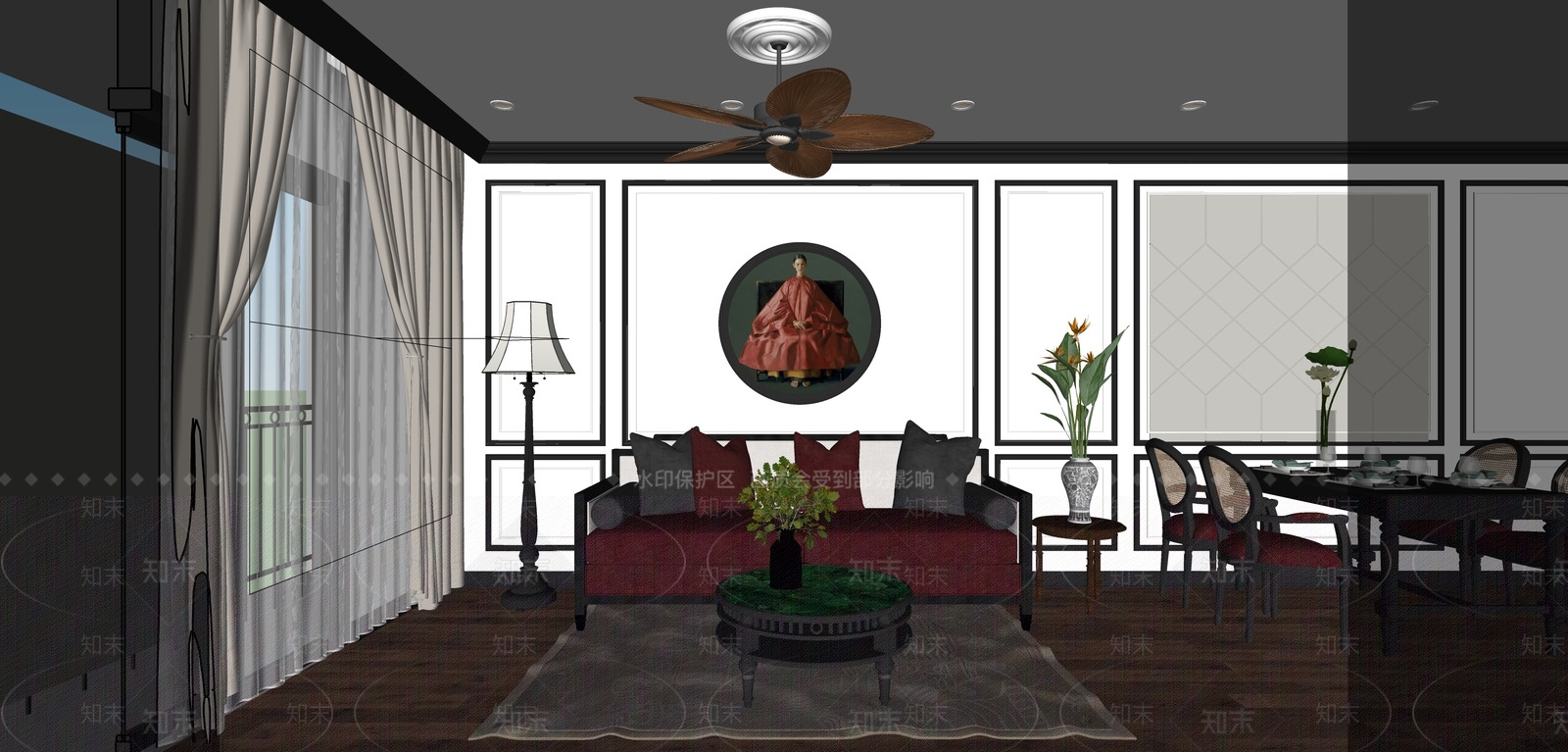 新中式原木别墅客厅SU模型下载【ID:1204228421】