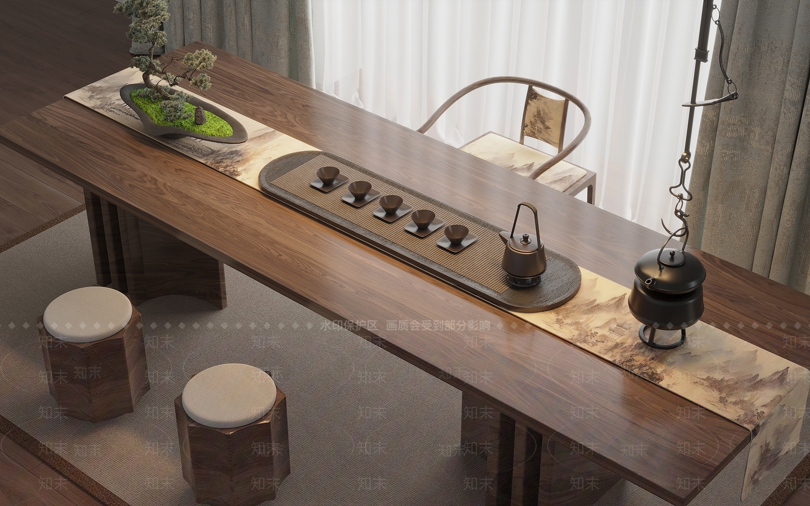 新中式禅意茶桌椅3D模型下载【ID:1204229368】