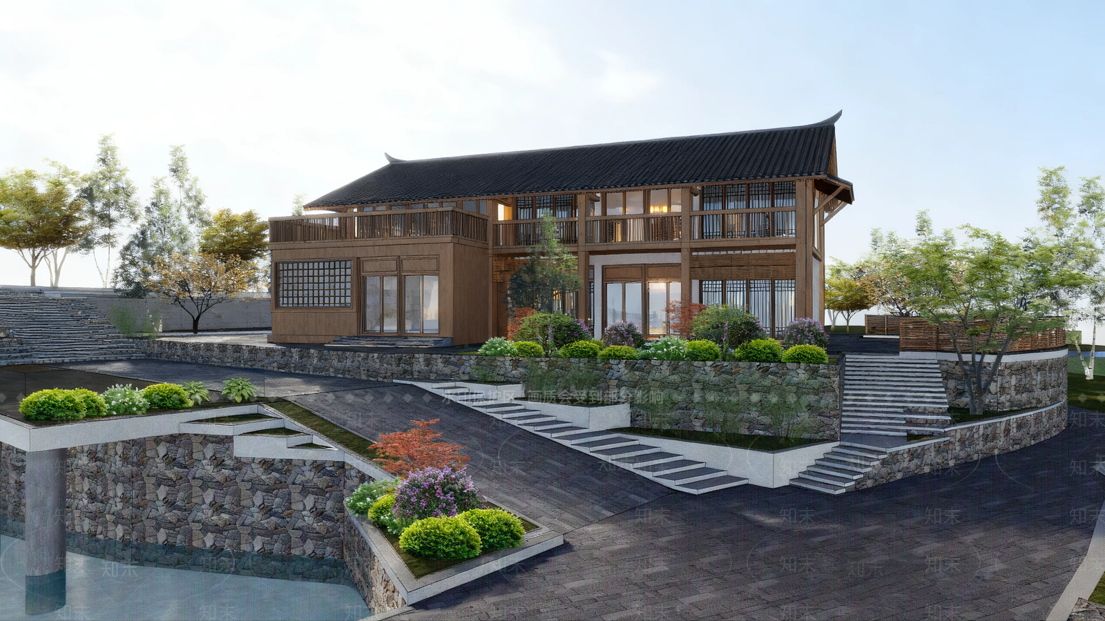 新中式现代民宿建筑SU模型下载【ID:1204229407】
