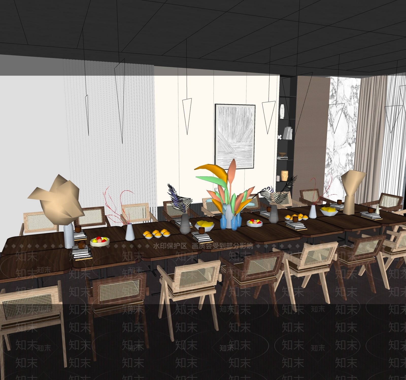 新中式复古别墅餐厅SU模型下载【ID:1204235090】
