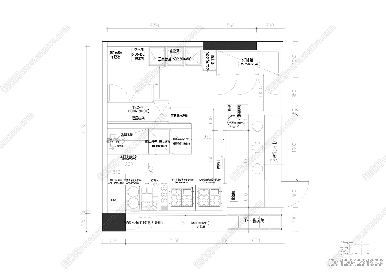 现代极简自助餐厅cad施工图下载【ID:1204291959】
