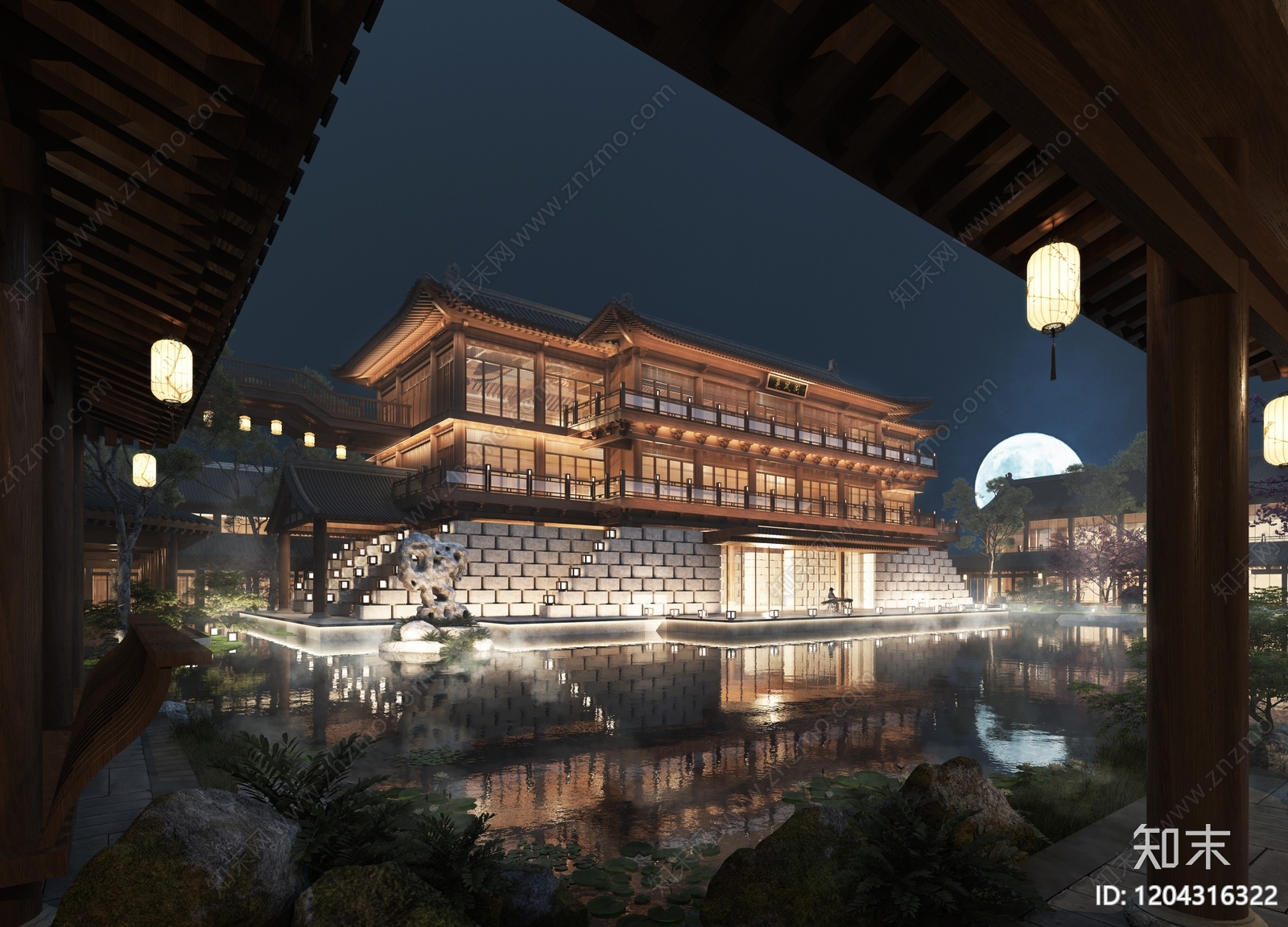 中式新中式酒店外观3D模型下载【ID:1204316322】