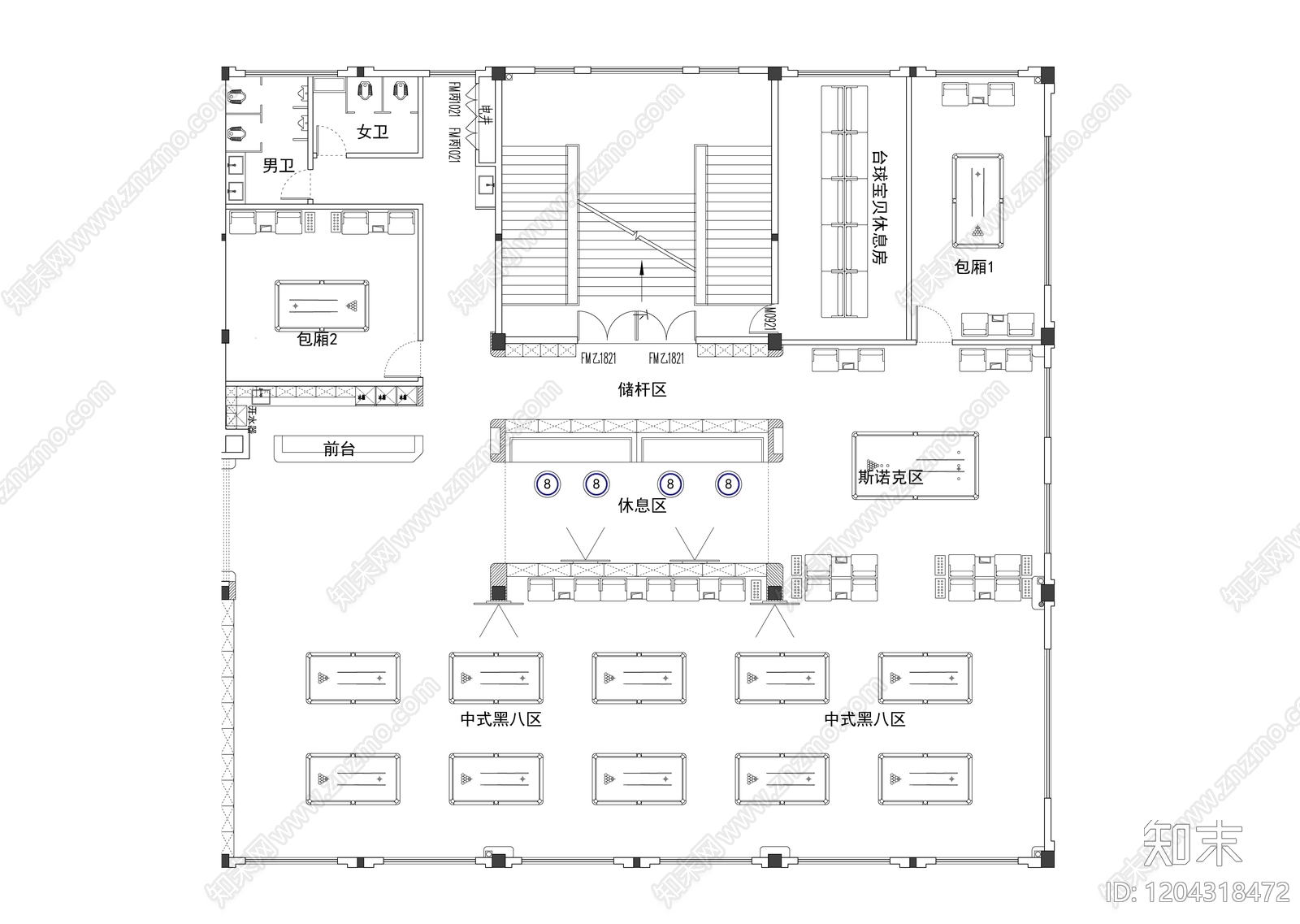 现代台球厅施工图下载【ID:1204318472】