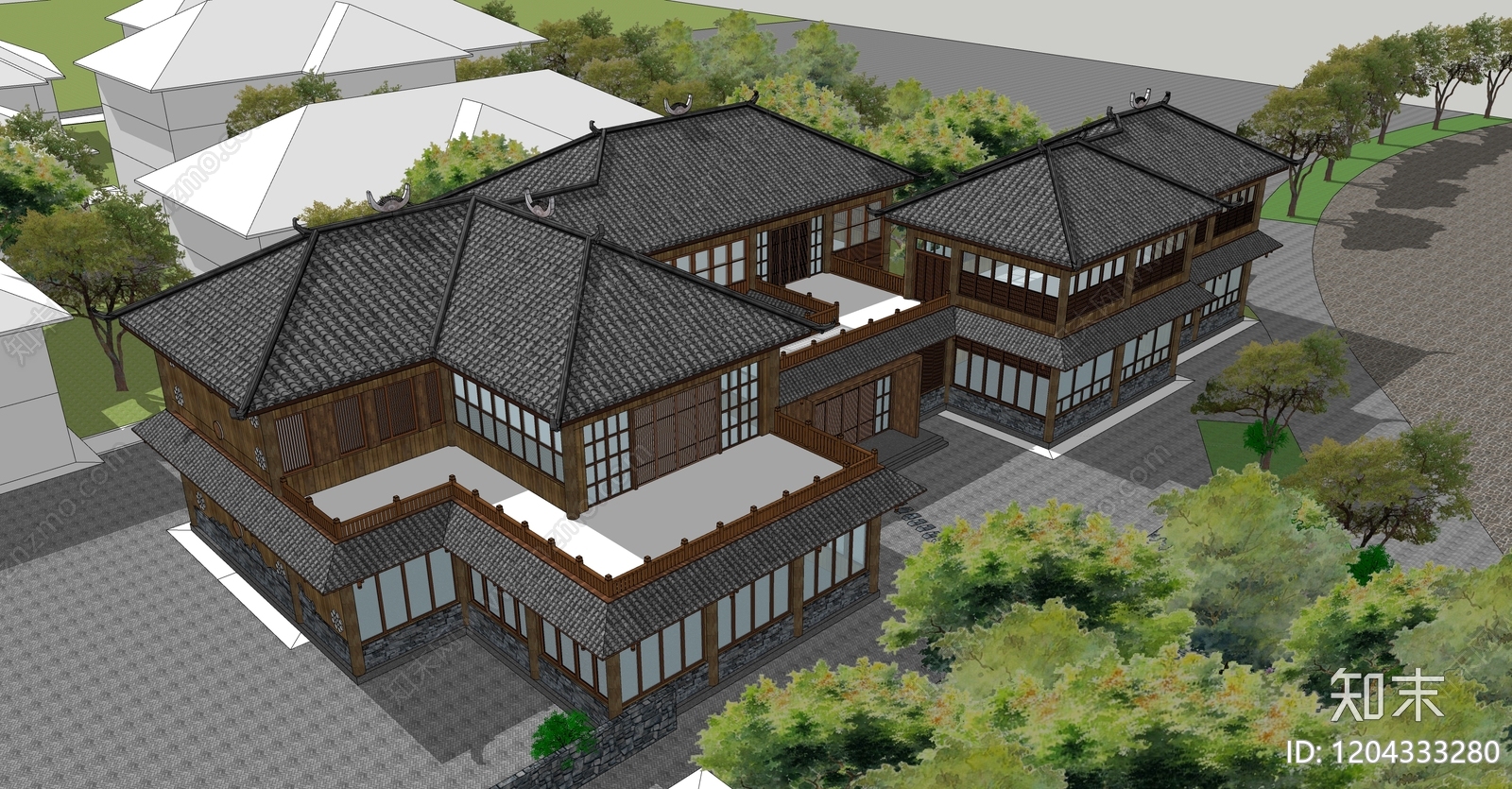 新中式中式民宿建筑SU模型下载【ID:1204333280】