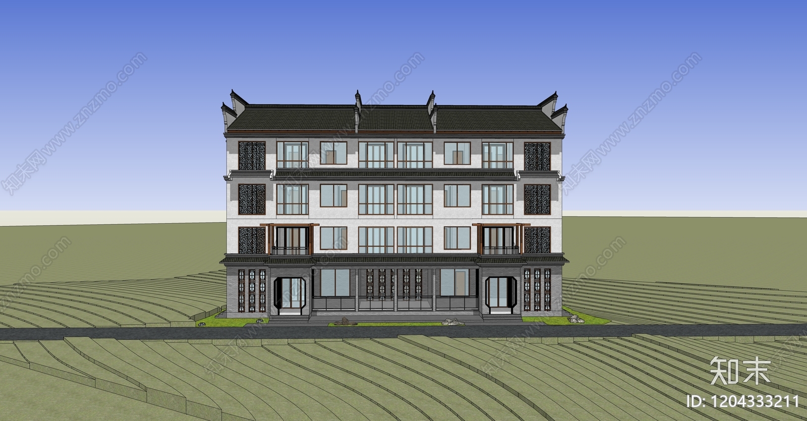 新中式中式民宿建筑SU模型下载【ID:1204333211】