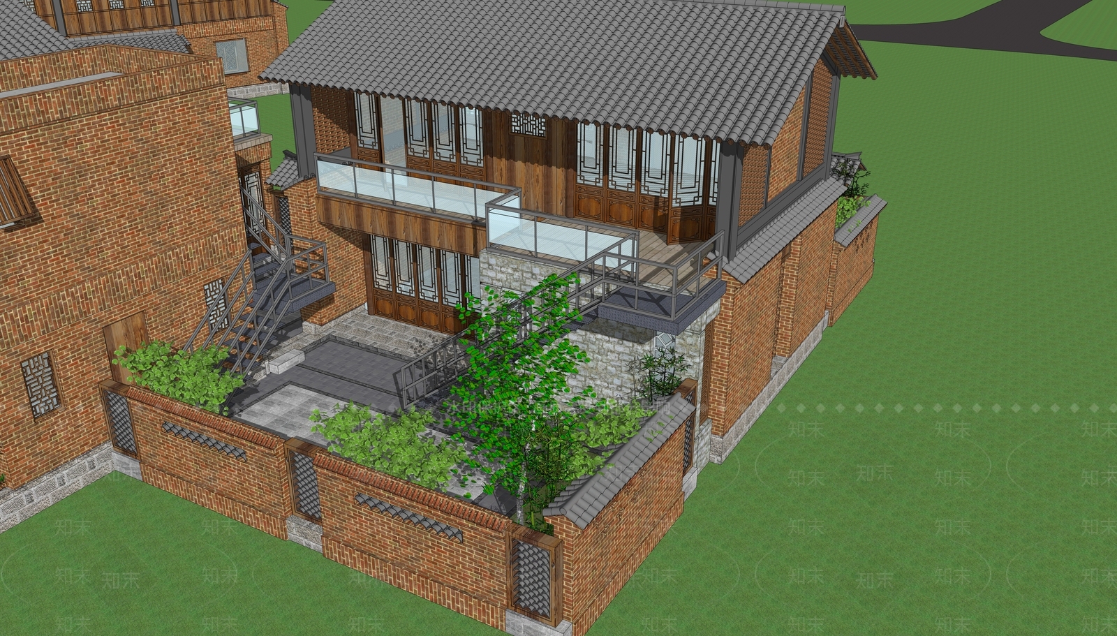 新中式复古乡村民房SU模型下载【ID:1204352238】